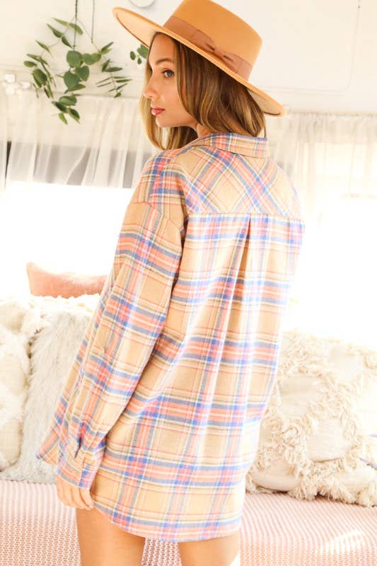 Vine & Love - Collared Pocket Detail Roll-Up Sleeve Plaid Shirt VT70146E: Coral / M