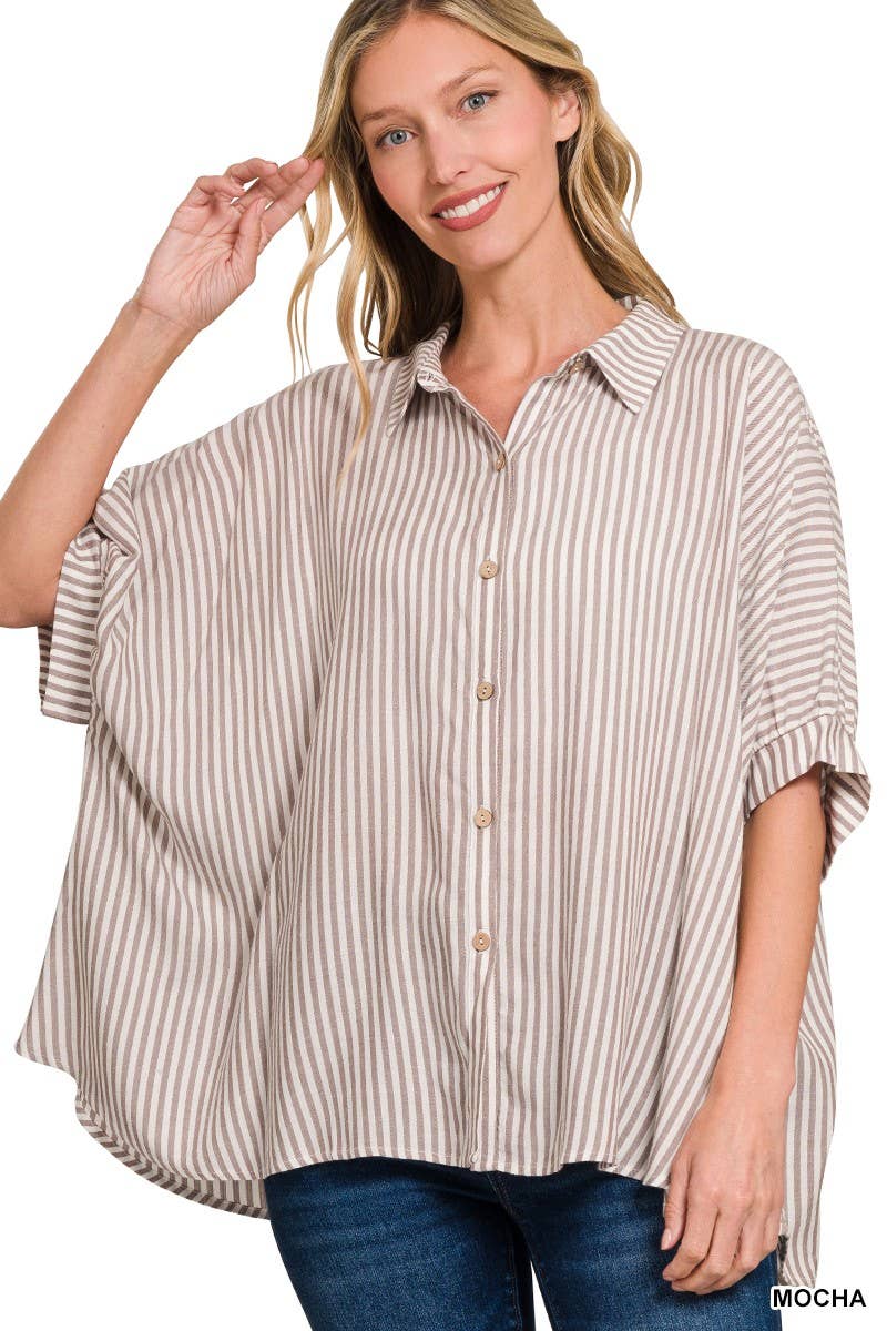 Striped Short Sleeve Button Up Shirt: MOCHA