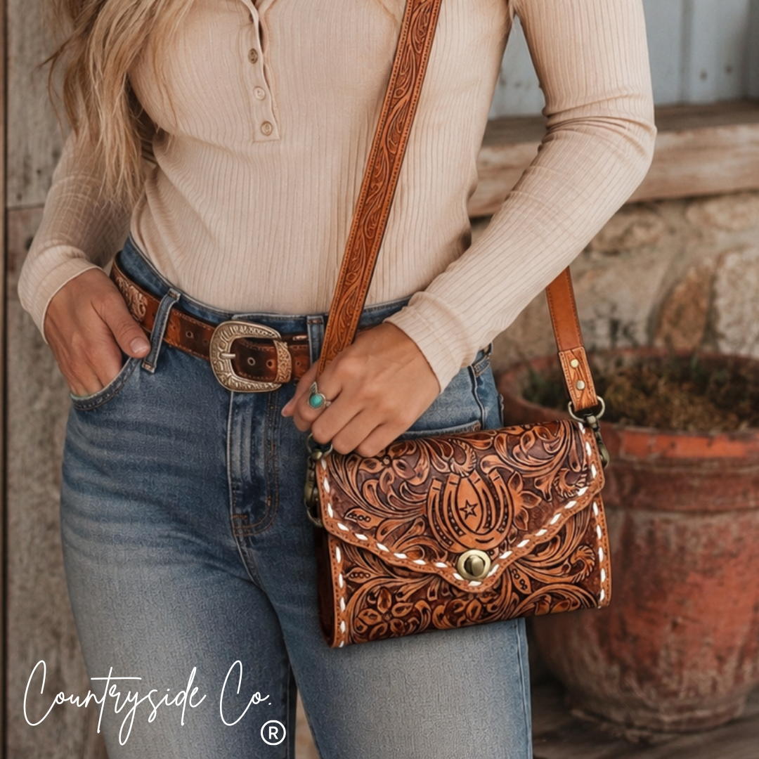Countryside Co. - Stampede Double Horseshoe Tooled Leather Purse Crossbody
