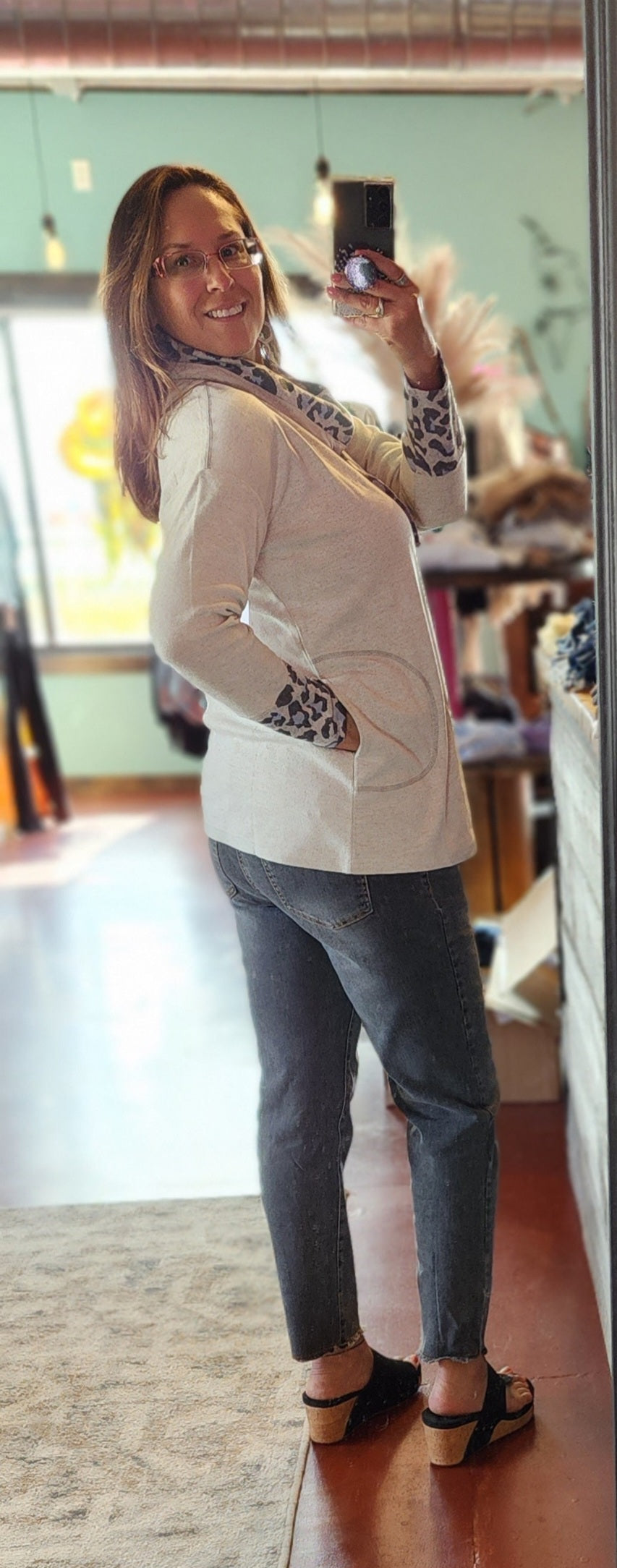 Oatmeal Cowl Neck Leopard Print Tunic