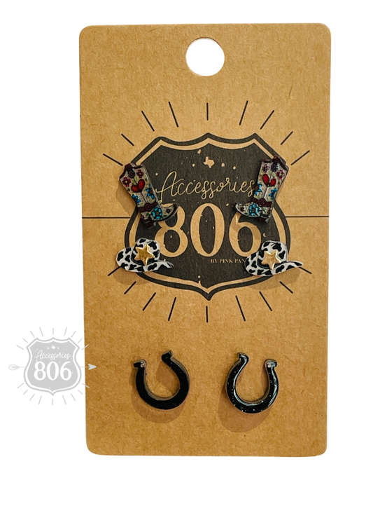 Western horseshoe theme post earring set - LC: Black