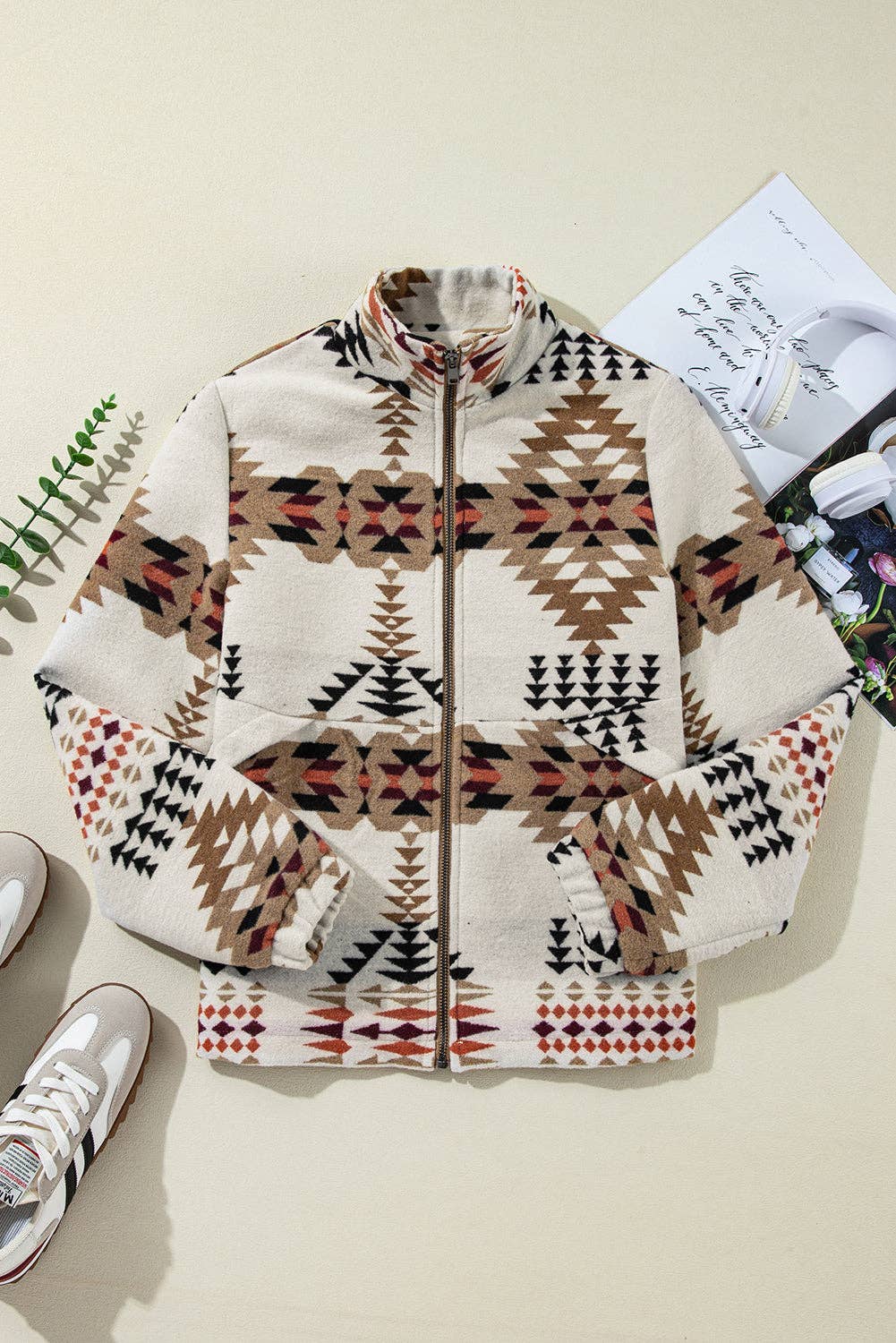 SHOP LALA LOO - Aztec Mock Neck Zip-Up Jacket: Beige / XL