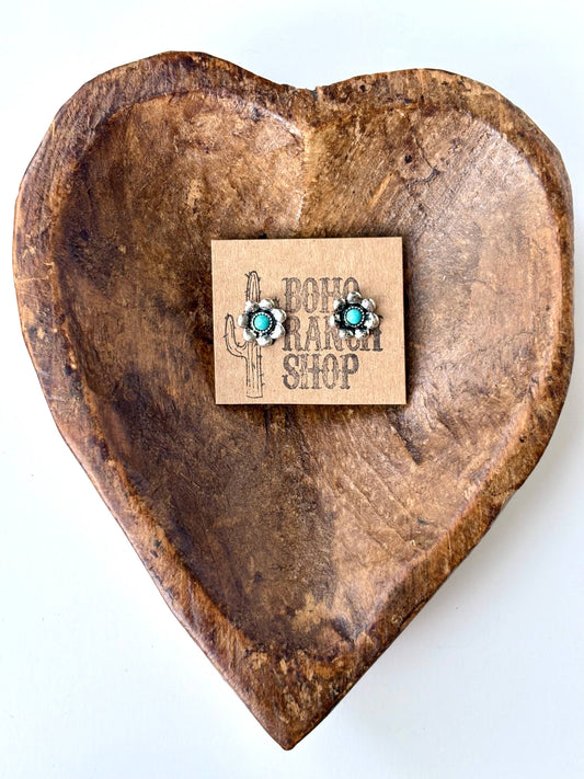 Western Flower with Stone Stud Earrings: Turquoise