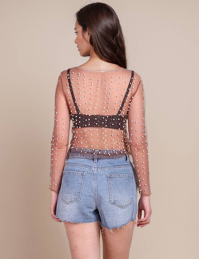 Pearl Rhinestone Mesh Top