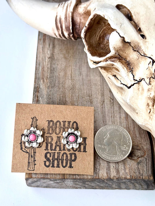 Western Flower with Stone Stud Earrings: Pink