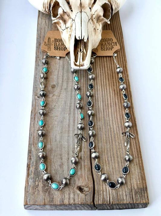 Navajo Style Pearl Stone Coquette Bow Necklace: Turquoise