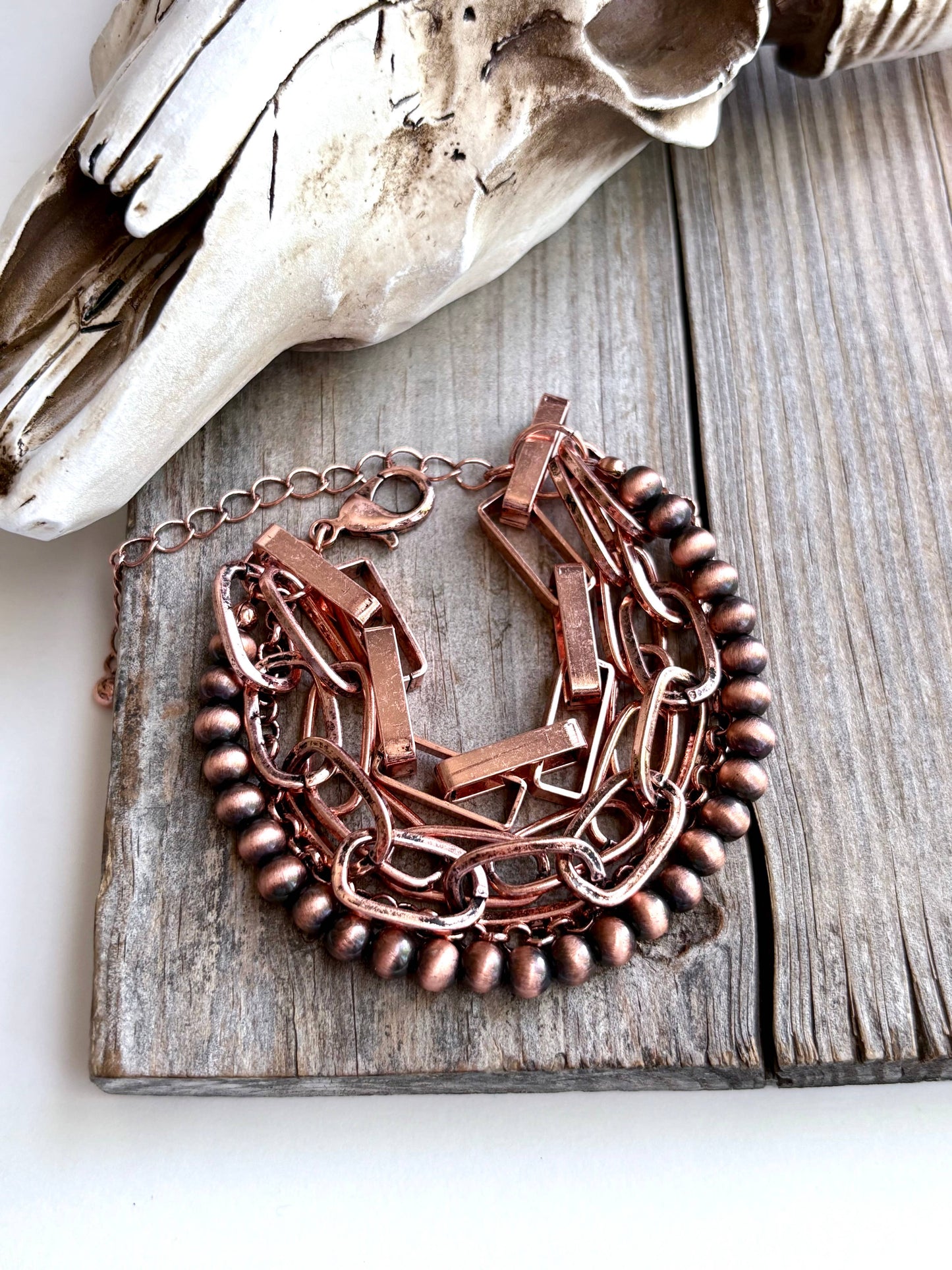 5 Layered Western Chunky Chain & Navajo Style Pearl Bracelet: Silver