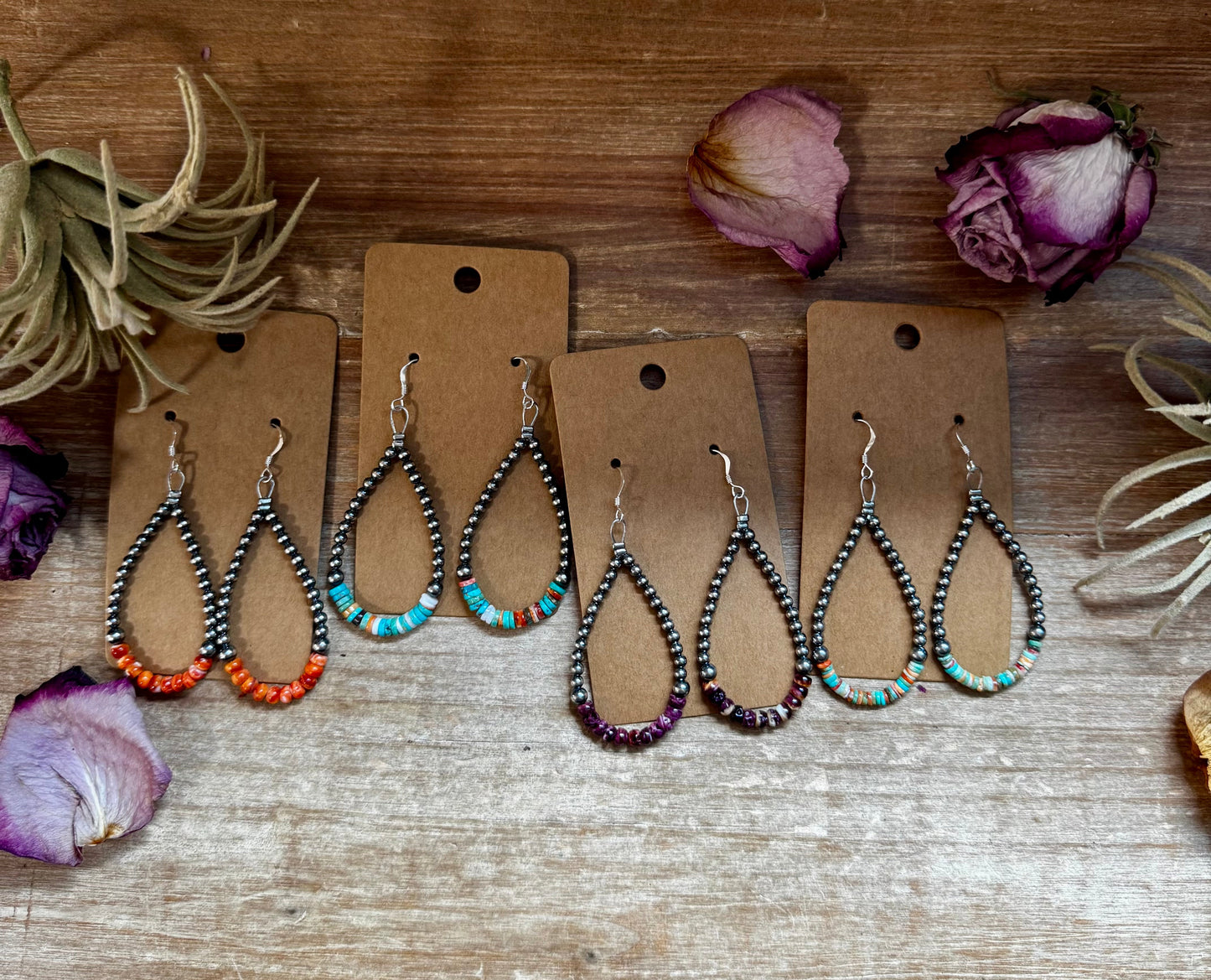 Green & Orange Heishi Earrings β Sterling Silver Pearls