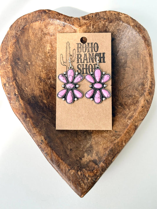 Western Style Squash Blossom Stone Dangle Earrings: Pink