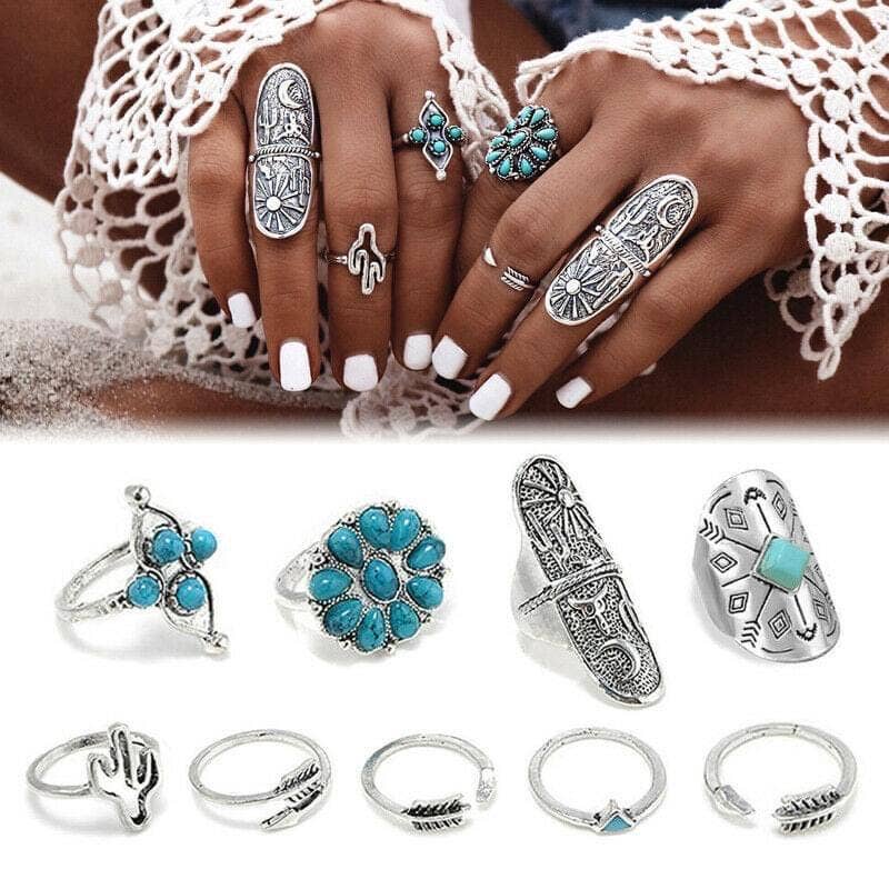 Silver and Turquoise Ring Set: Silver / OS
