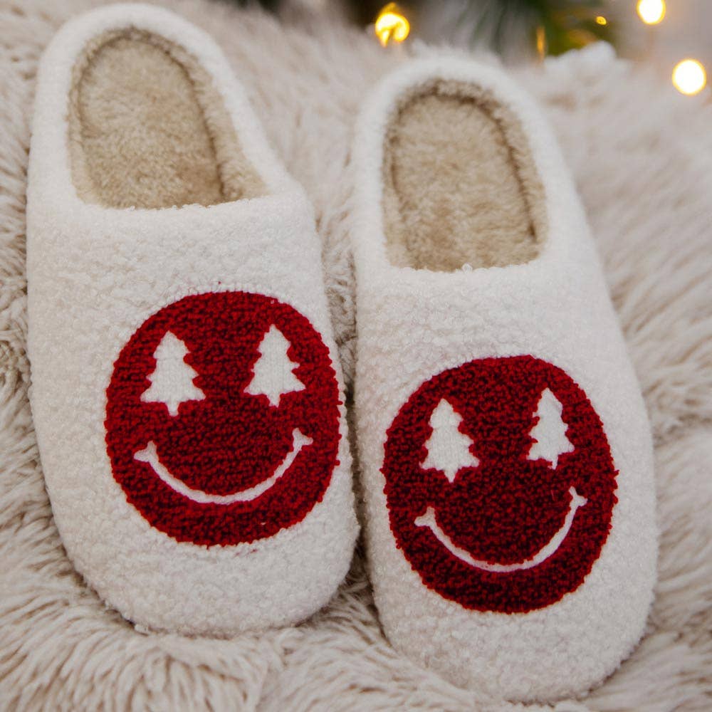 Red Christmas Tree Eyes Happy Face Slippers