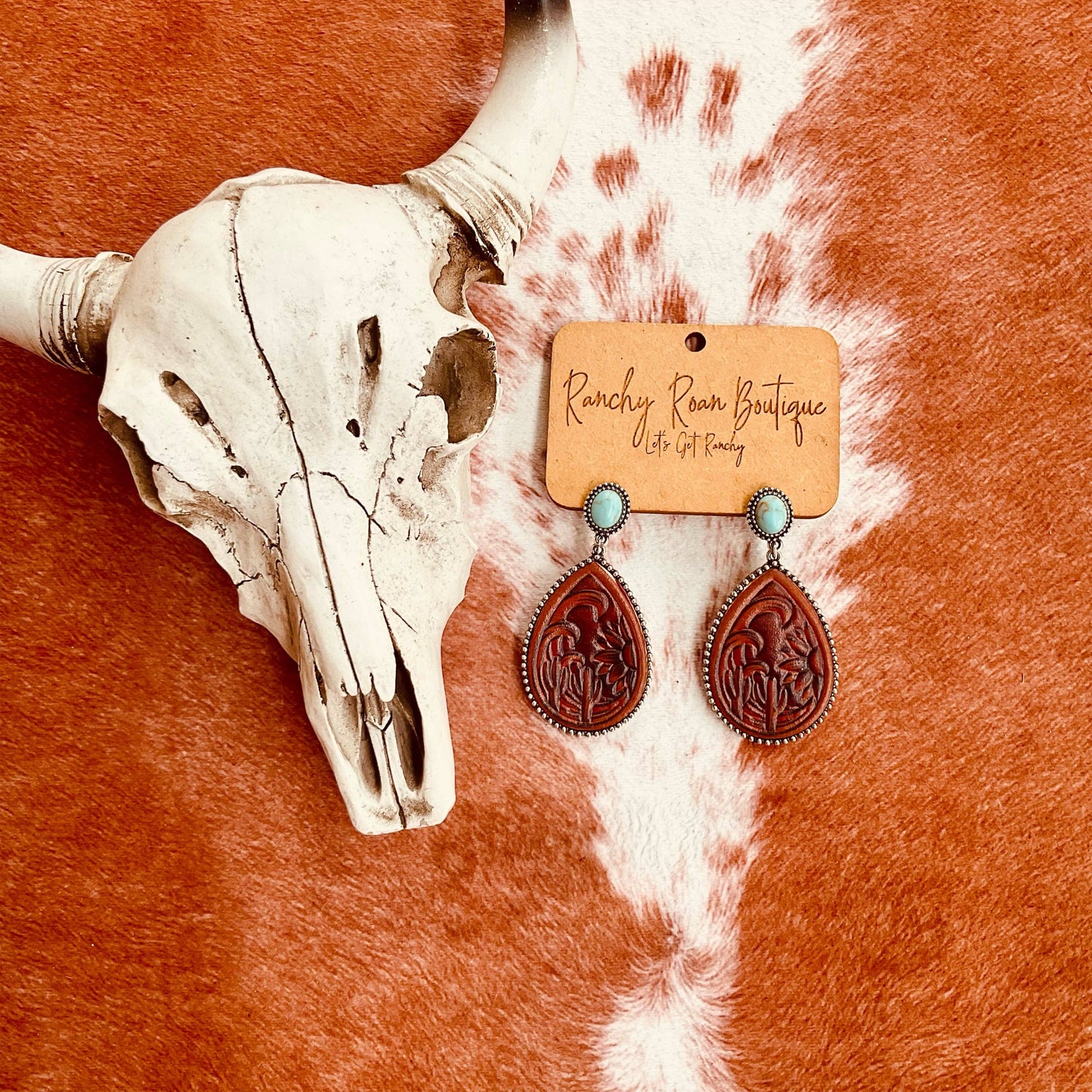Tooled Leather and Turquoise Teardrop Earrings - TL&TTE