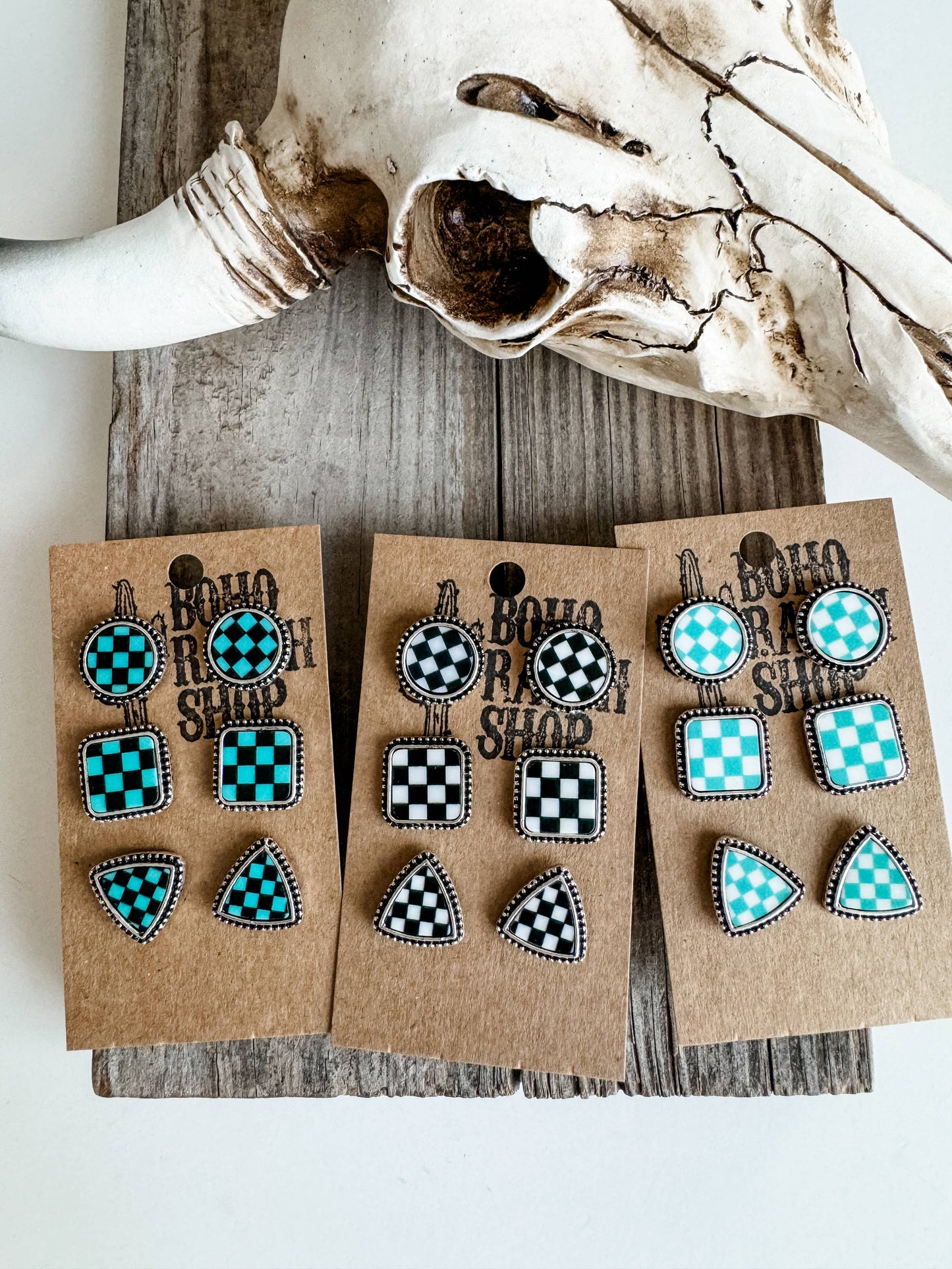 Western Checker Shape Post Combo Earring Set: 1