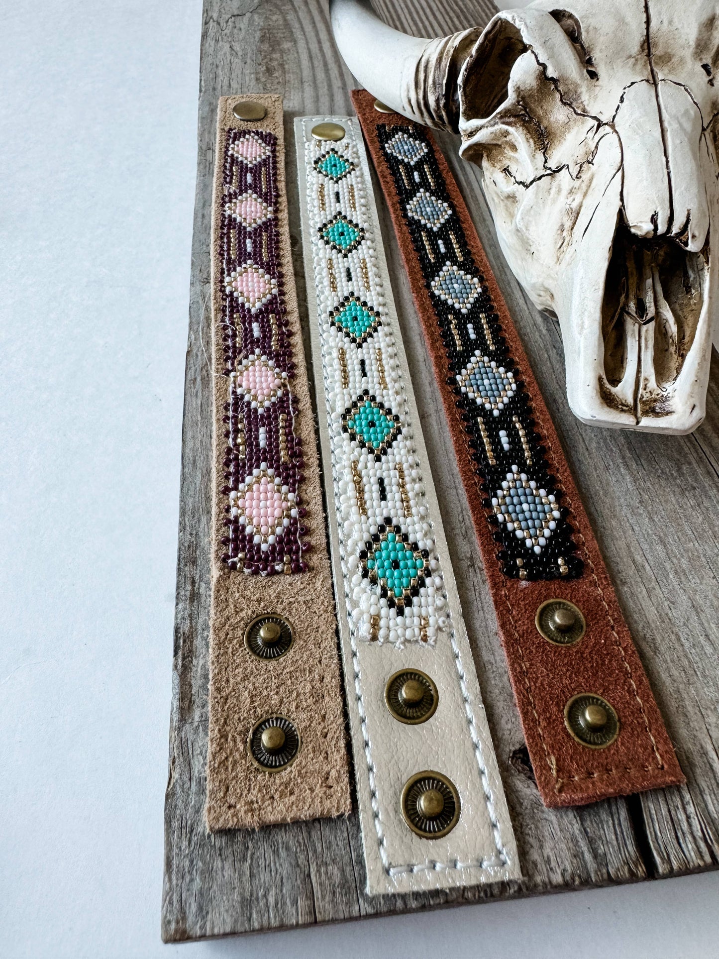 Aztec Pattern Seed Bead Leather Cuff Bracelet: WHITE + TURQUOISE