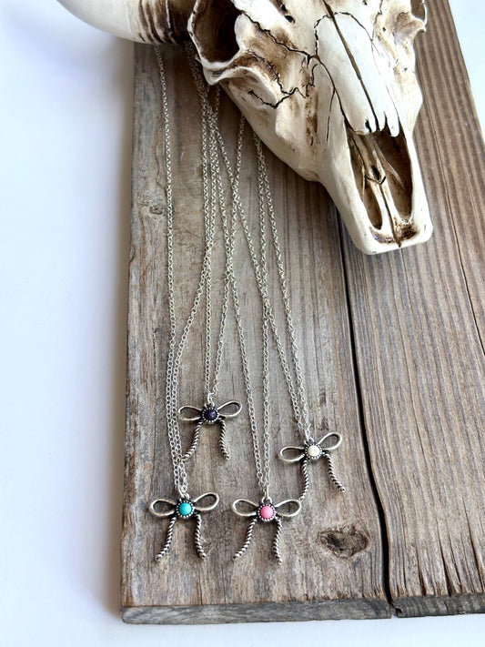 Bow Ribbon Pendant Chain Necklace: Turquoise