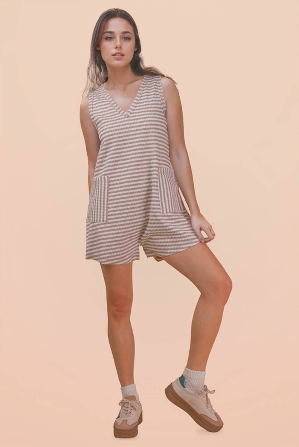 VERY J - NP70744-Striped Knit Casual Comfy Romper: OAT/BLACK / S-M-L/2-2-2