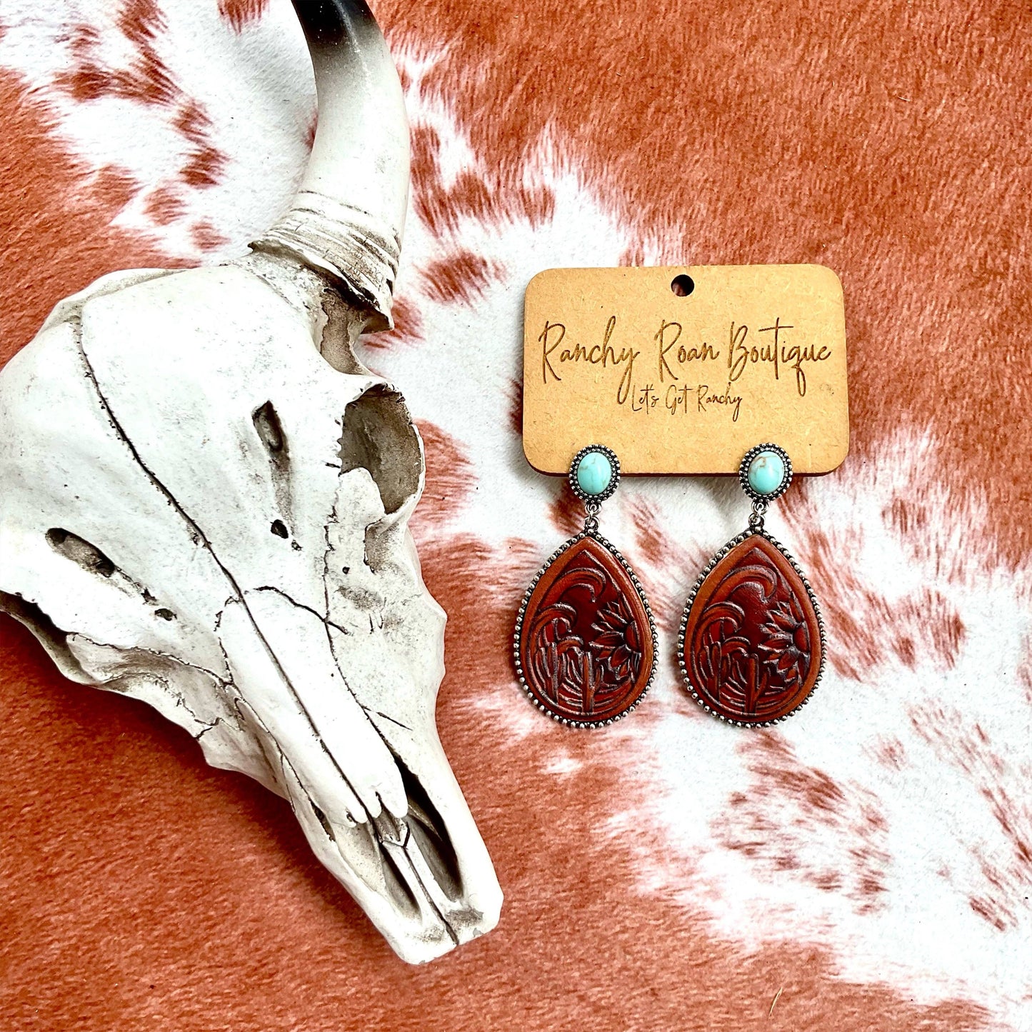 Tooled Leather and Turquoise Teardrop Earrings - TL&TTE