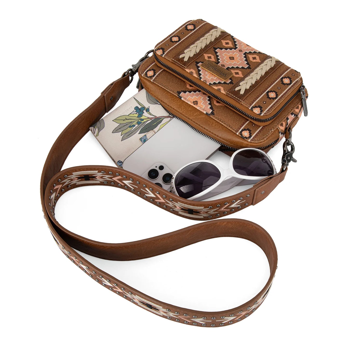 Wrangler Southwestern Pattern Dual Sided Print Crossbody Purse with Wallet Compartment - Brown
