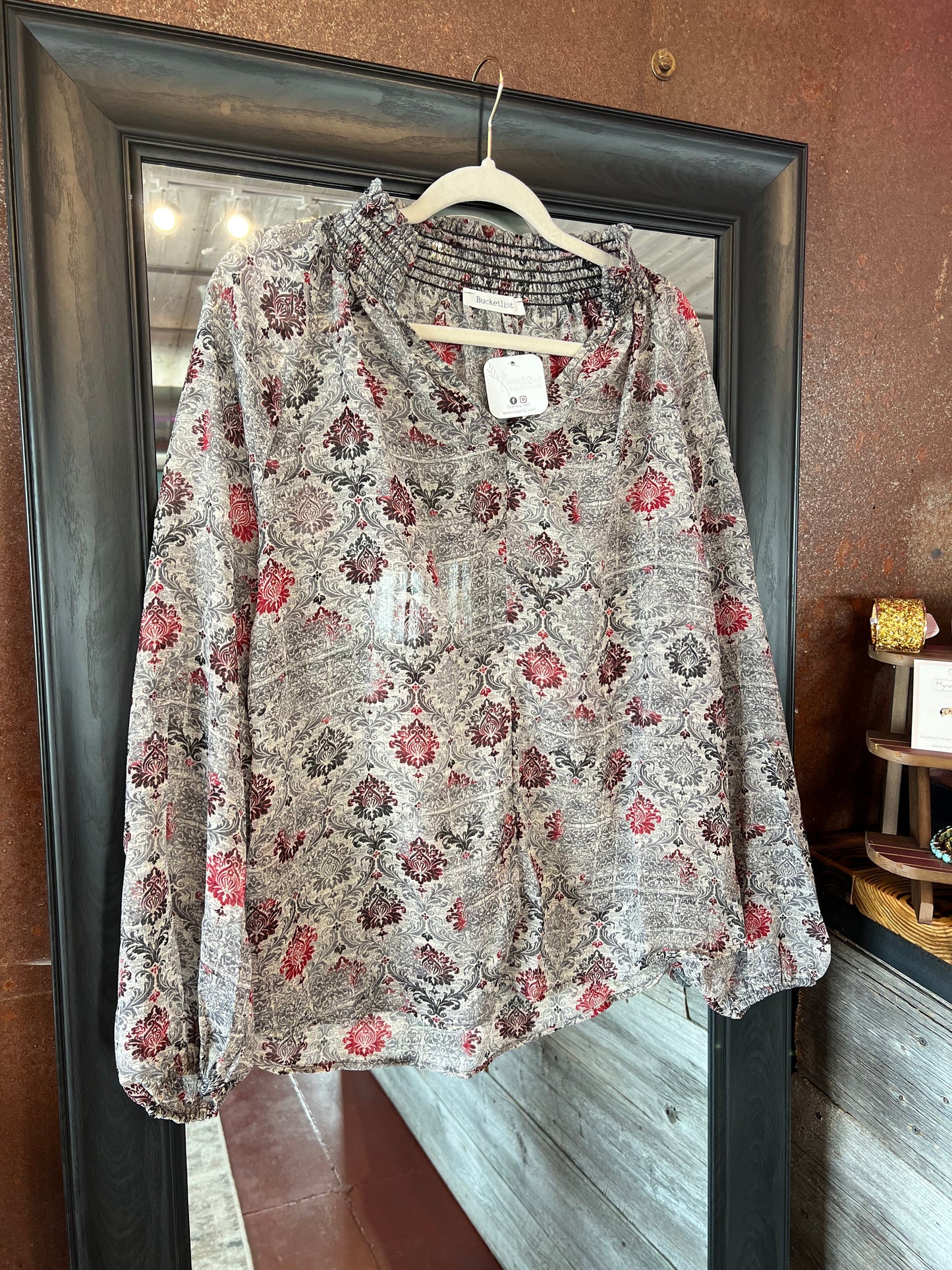 Smoked Stand Collar Semi-Sheer Blouse