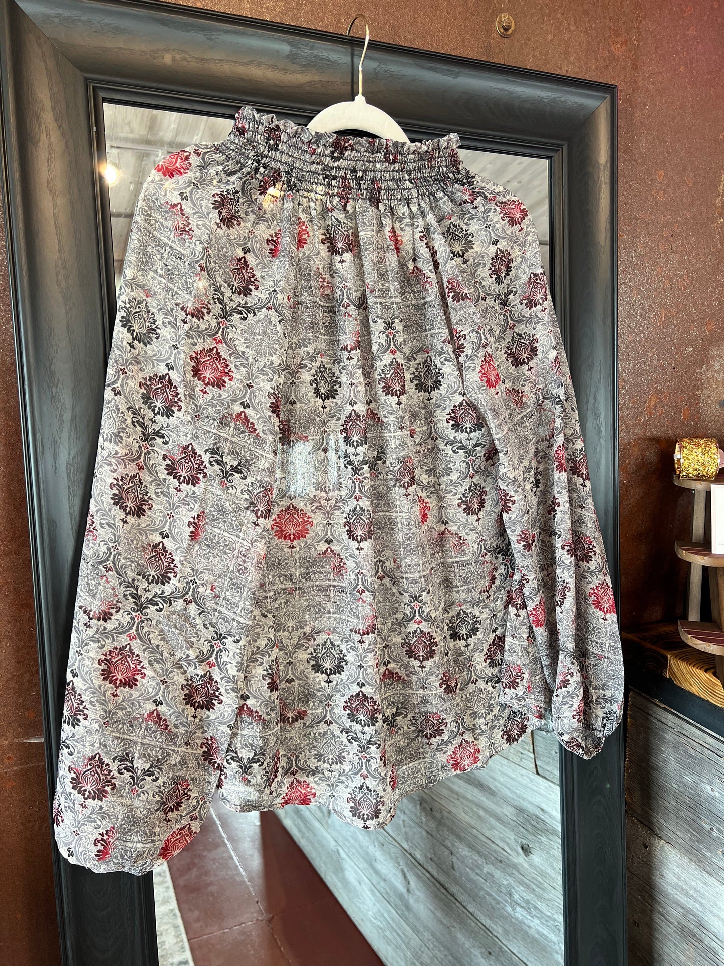 Smoked Stand Collar Semi-Sheer Blouse