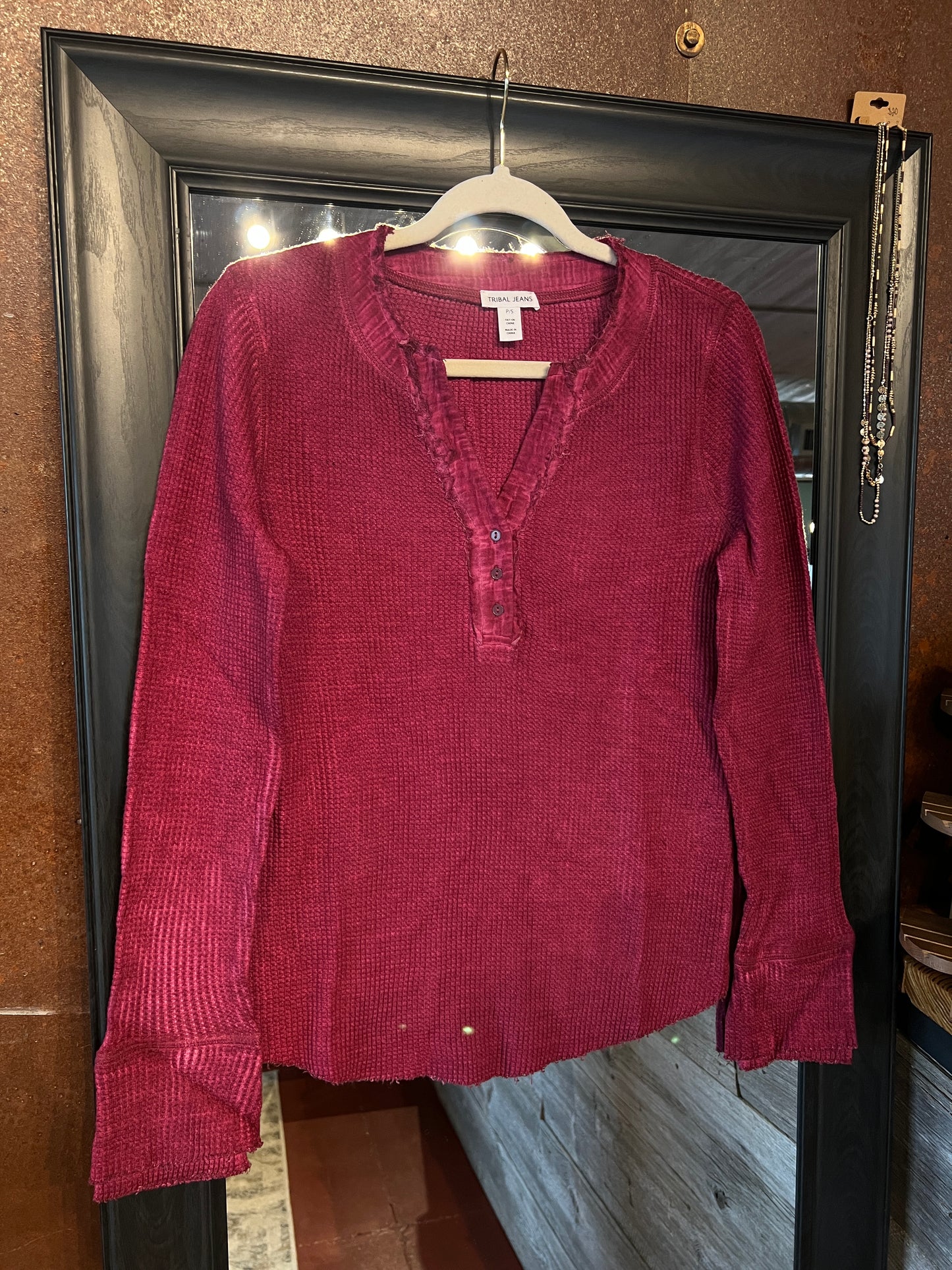 Red Plum V-Neck Henley Top