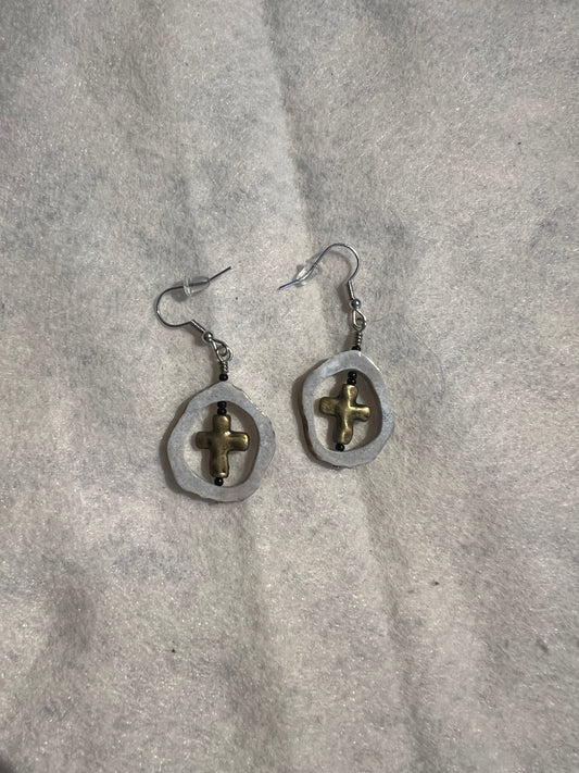 Deer Antler & Bronze Cross Earrings