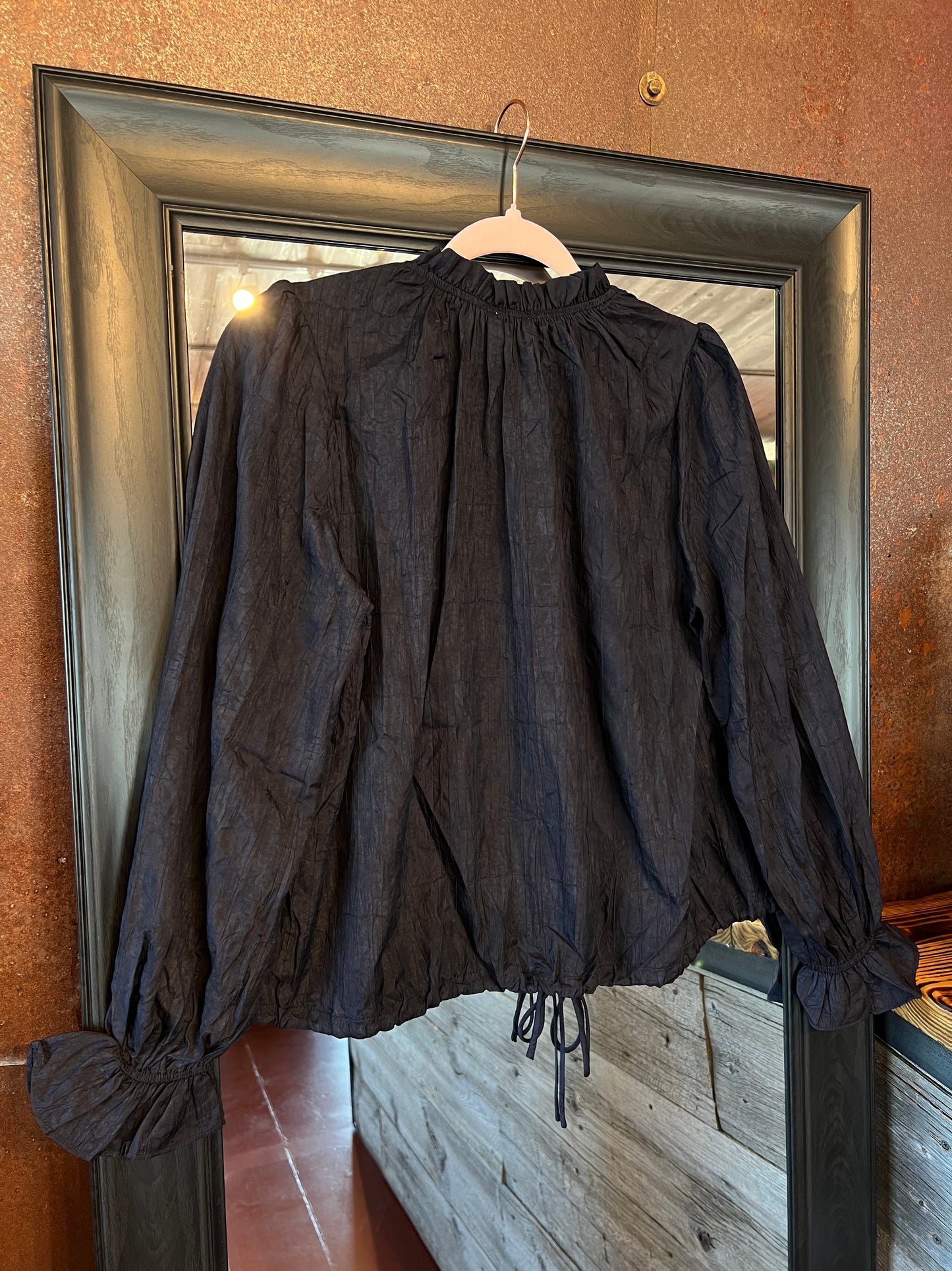 Crinkle Ruffle Woven Navy Top