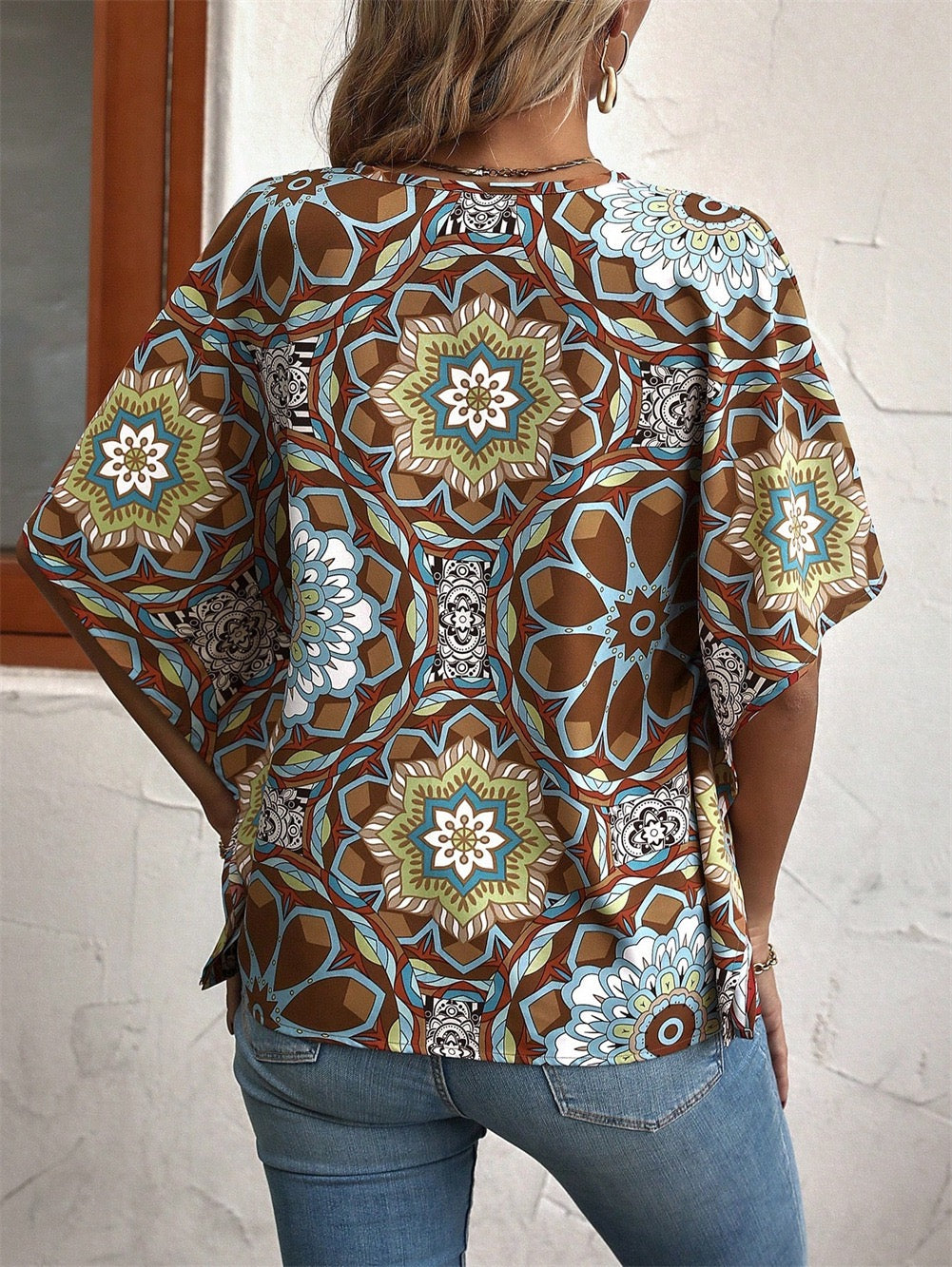 Boho Print V-Neck Short Sleeve Top ā Summer Casual