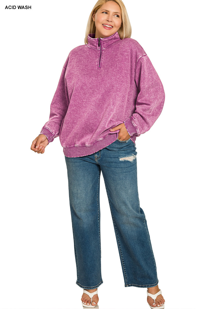 Plus Acid Wash Fleece Half Zip Pullover