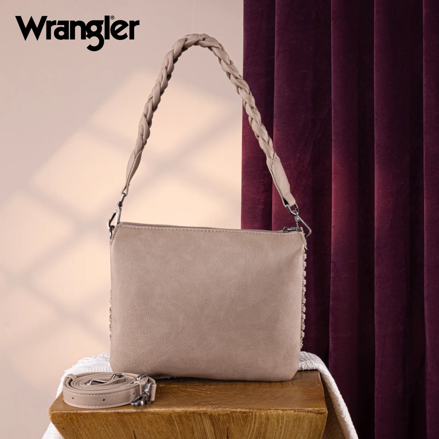 Wrangler Whipstitch Braided Strap Hobo/Crossbody Bag Khaki