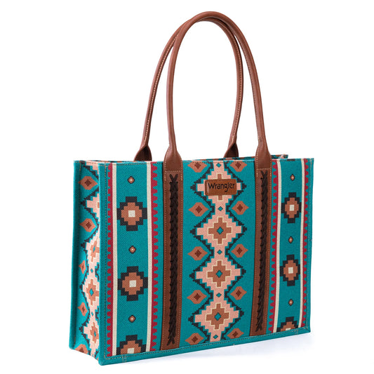 Wrangler Southwestern Pattern Dual Sided Print Canvas Wide Tote Dark Turquoise