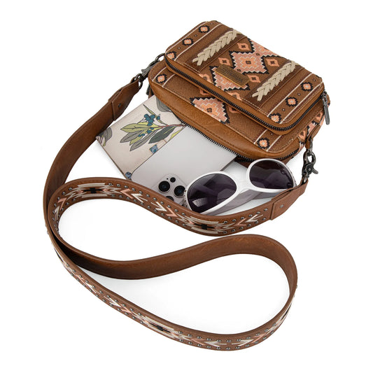 Wrangler Southwestern Pattern Dual Sided Print Crossbody Purse With Wallet Compartment - Brown