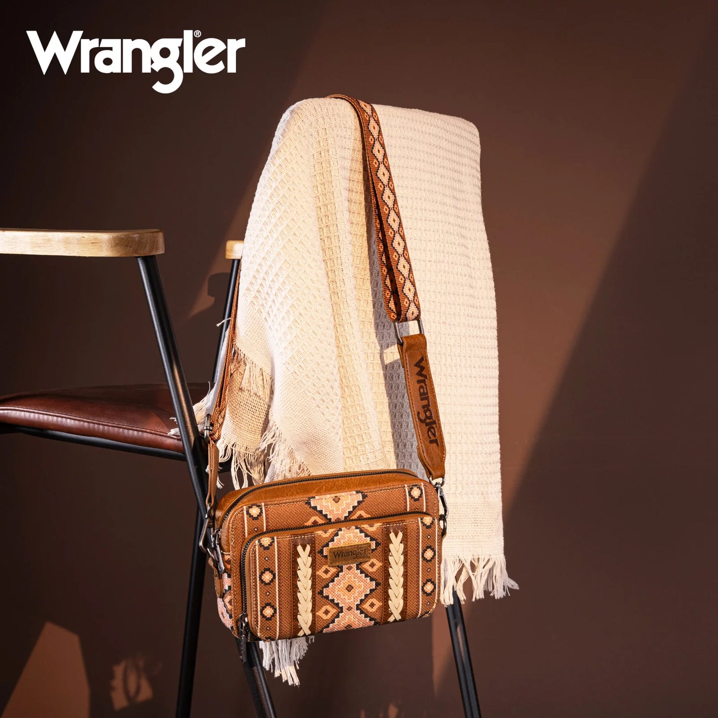 Wrangler Southwestern Pattern Dual Sided Print Crossbody Purse With Wallet Compartment - Brown