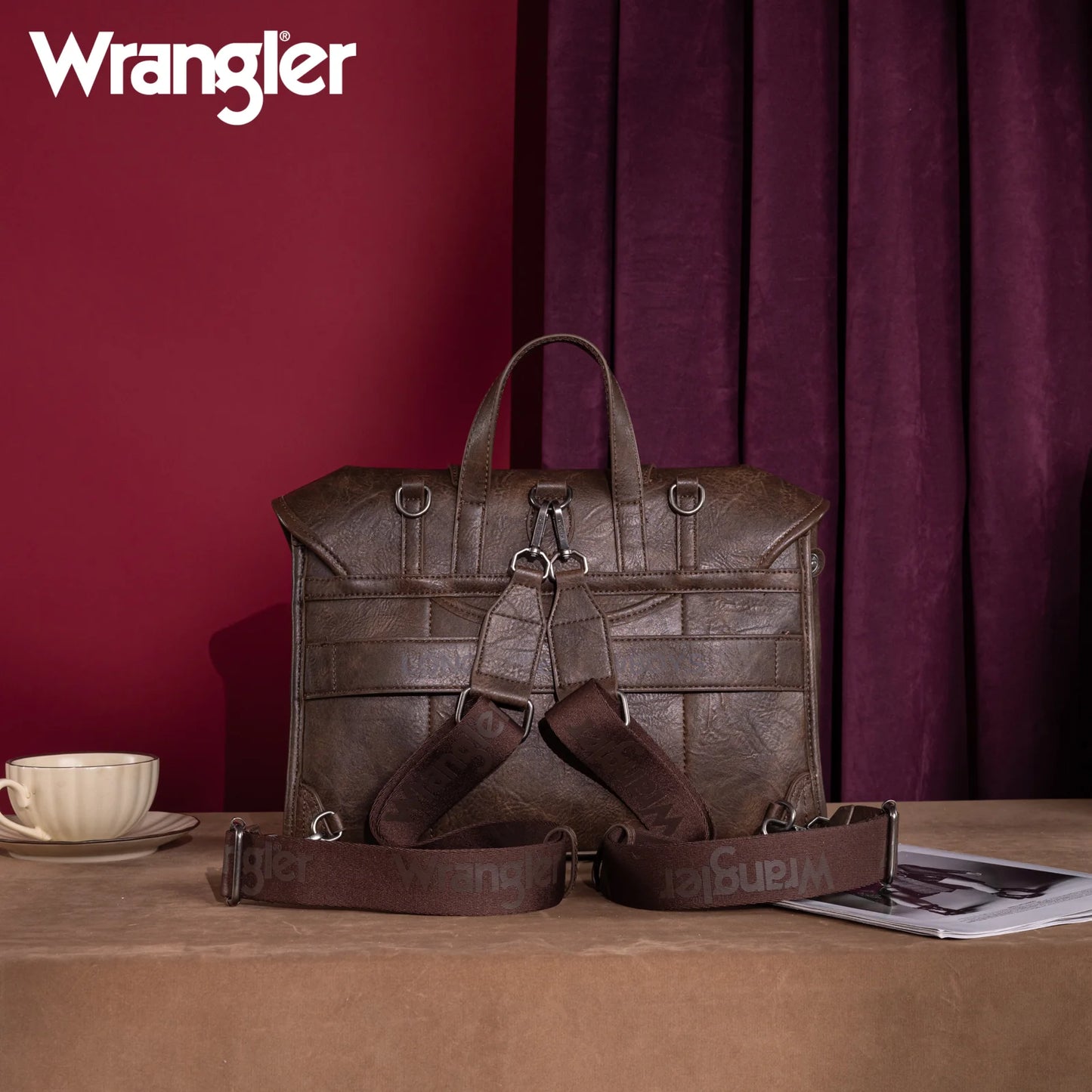 Wrangler Top Handle Carry Satchel/Laptop Bag/Backpack/Crossbody -Coffee