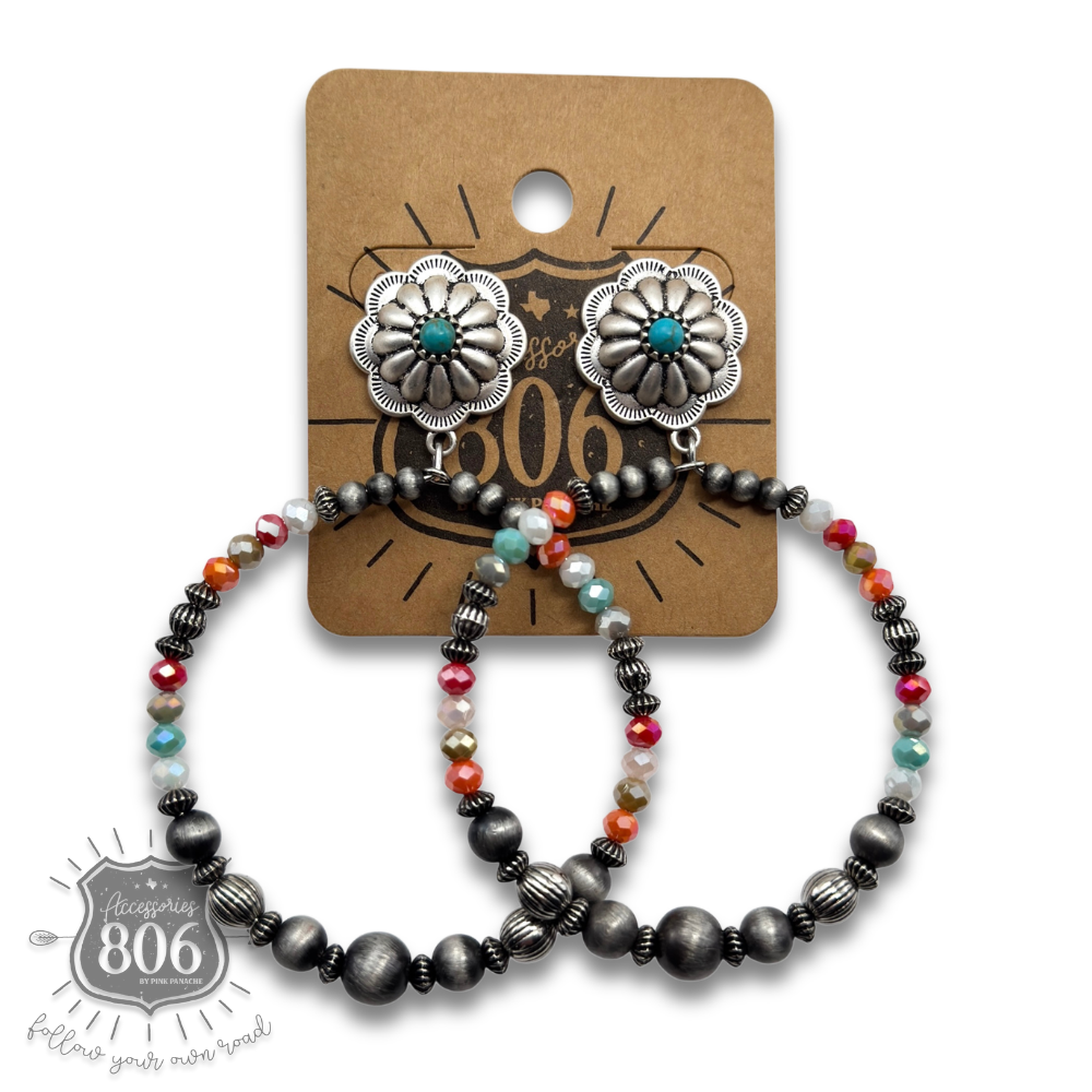 Burnished and crystal bead circle earring - LC: Turquoise