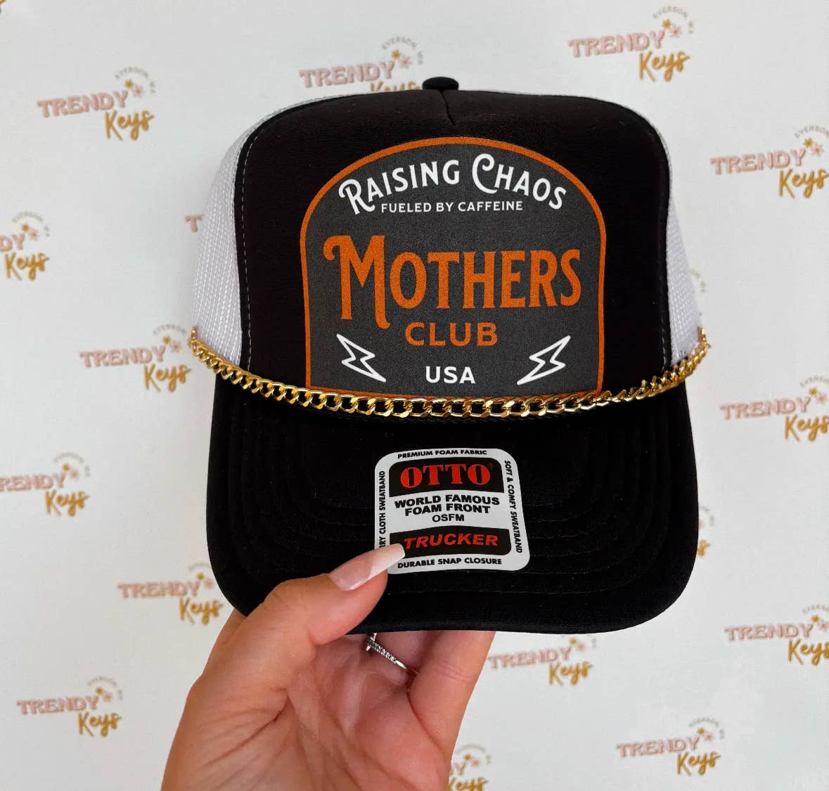 Raising Chaos Mother’s Club Print Trucker Hat : With Chain