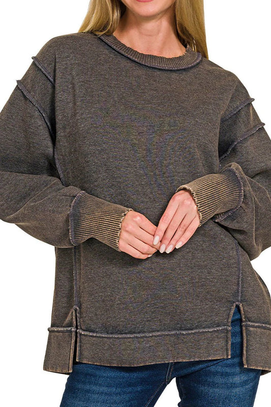 Acid Wash Exposed-Seam Fleece Sweatshirt