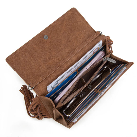 Wrangler Aztec Embroidered Fringe Wallet/Crossbody - Beige