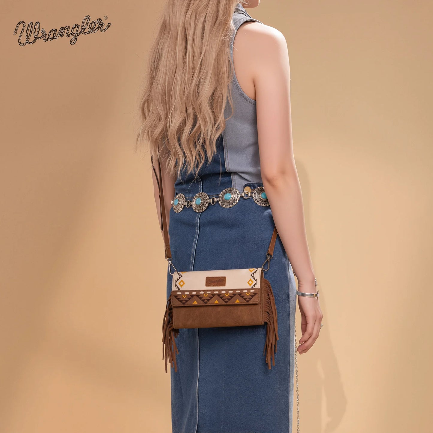 Wrangler Aztec Embroidered Fringe Wallet/Crossbody - Beige