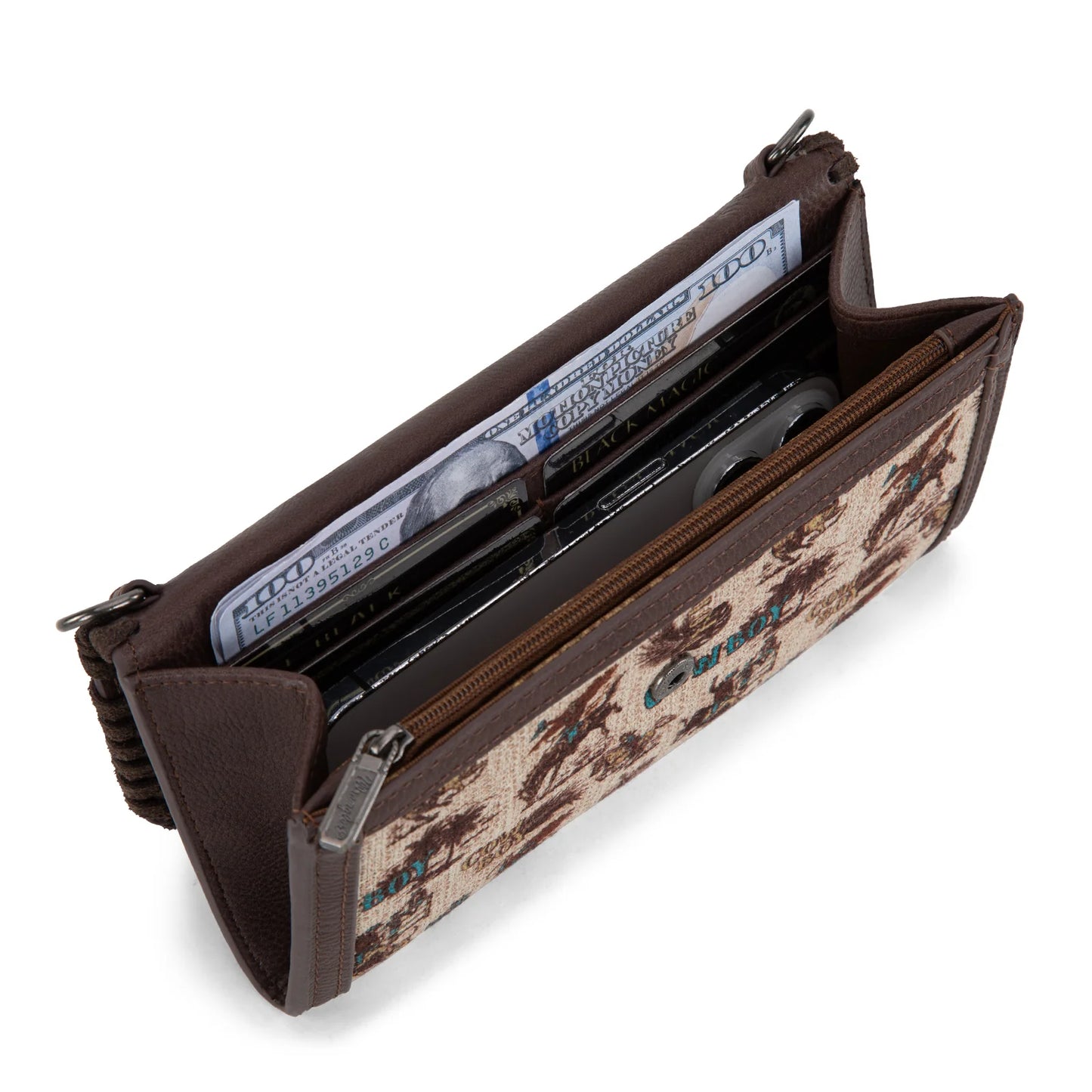 WG Vintage Retro Cowboy Cool Print Wallet/Crossbody - Tan