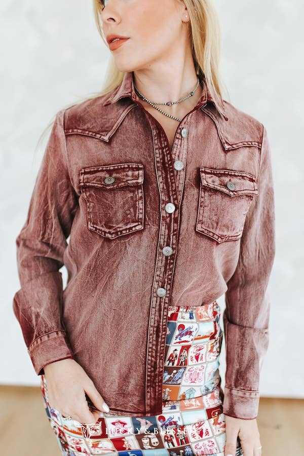 Burgundy Washed Button Down Western Shirt