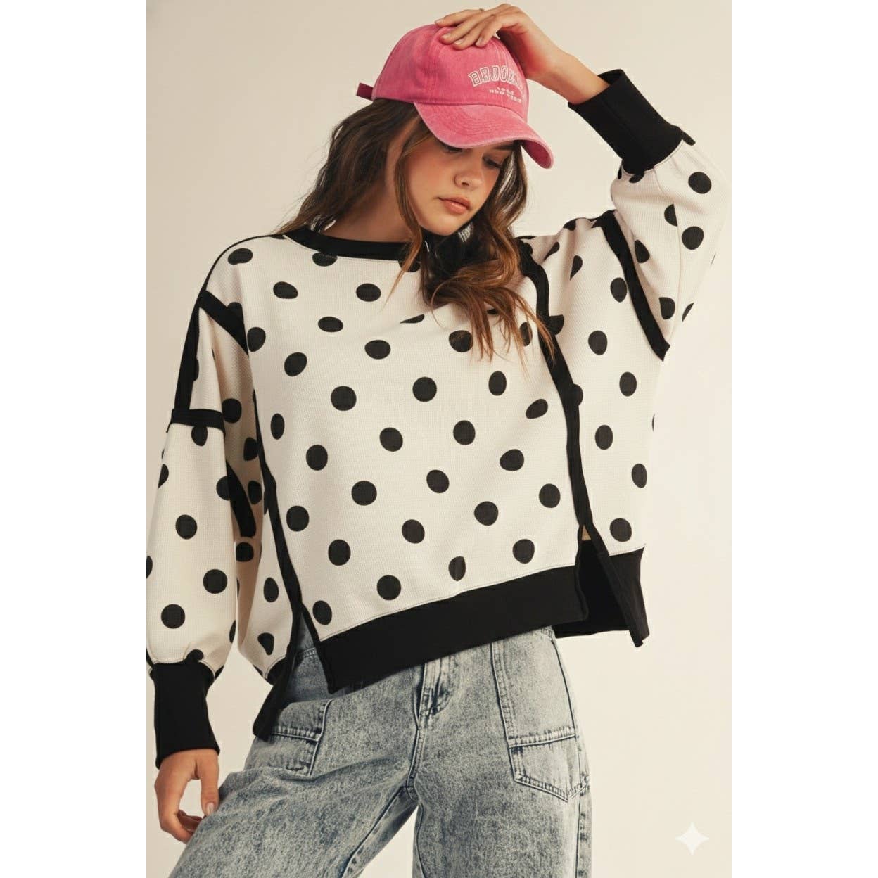 Ivory Polka Dot Loose Fit Top With Slits