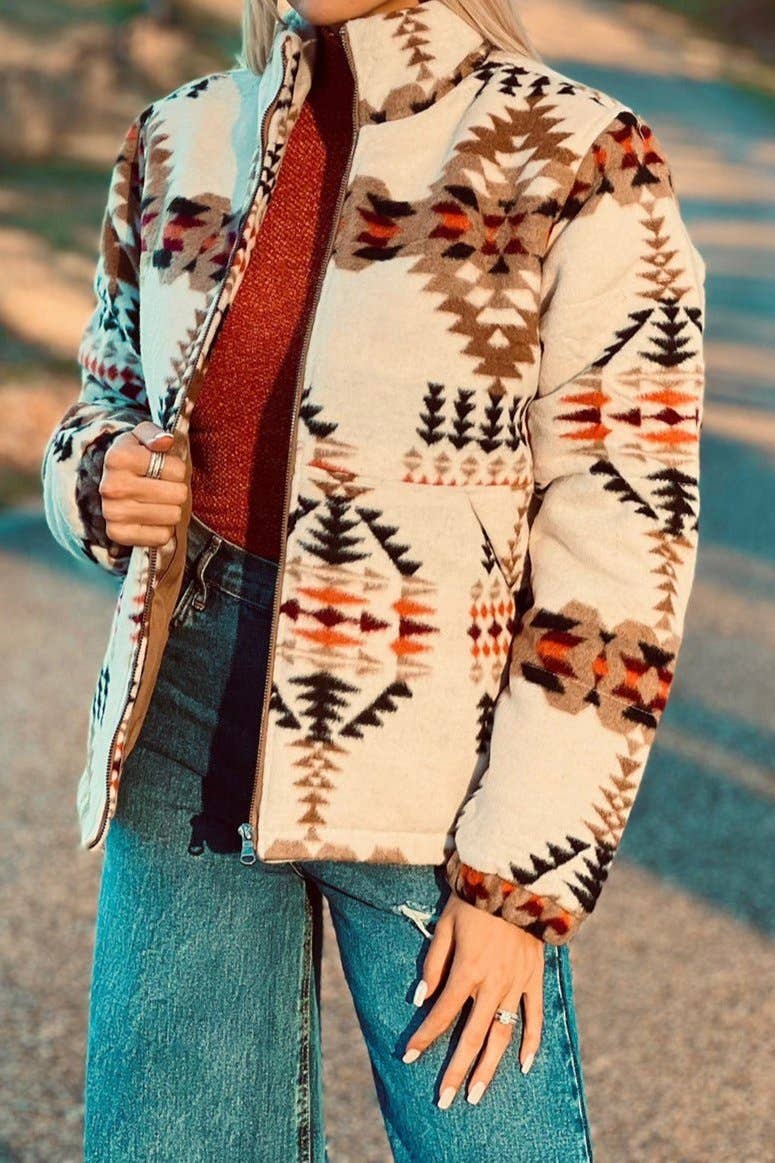 SHOP LALA LOO - Aztec Mock Neck Zip-Up Jacket: Beige / XL