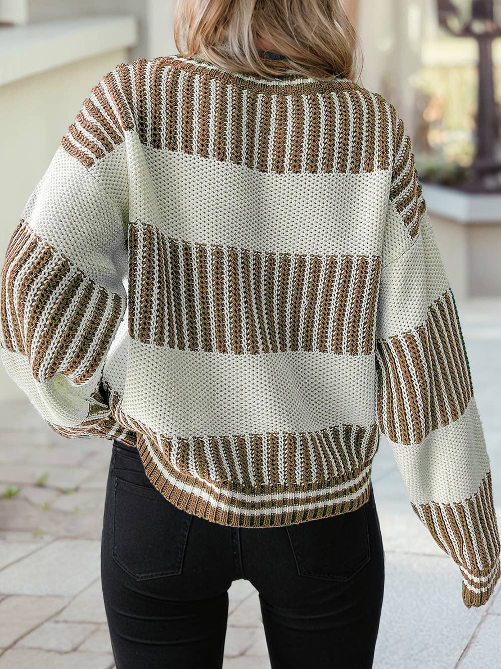 Two Tone Striped Patchwork Drop Shoulder Sweater: Khaki