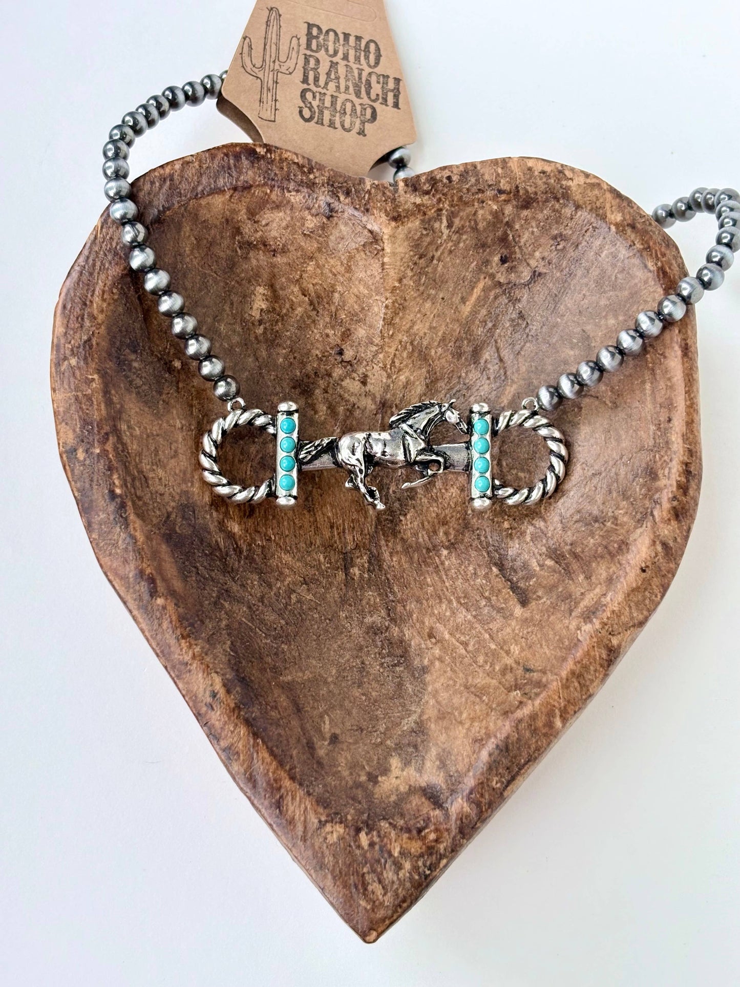 Western Style Navajo Pearl Bead Horse Bit Pendant Necklace: Turquoise