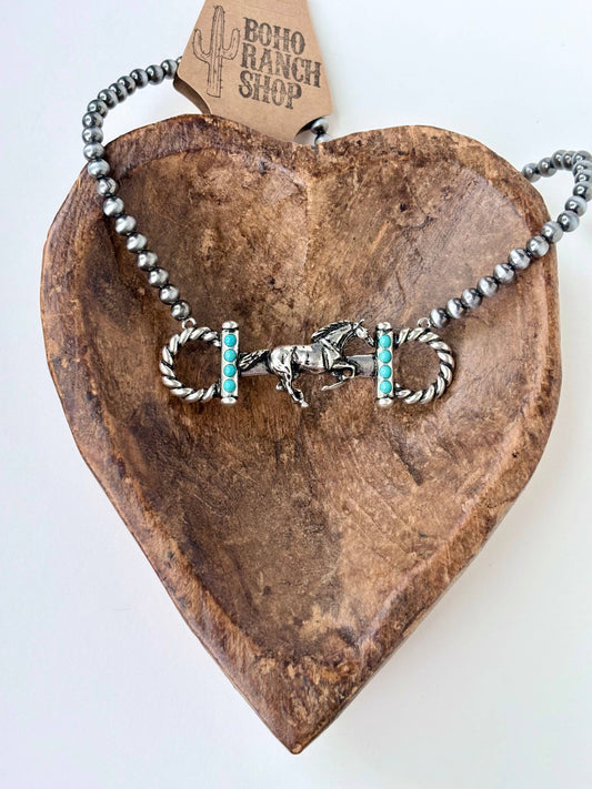 Western Style Navajo Pearl Bead Horse Bit Pendant Necklace: Turquoise