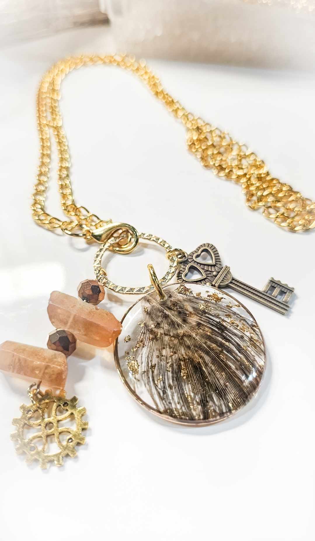 Feather Crystal & Gear Necklace