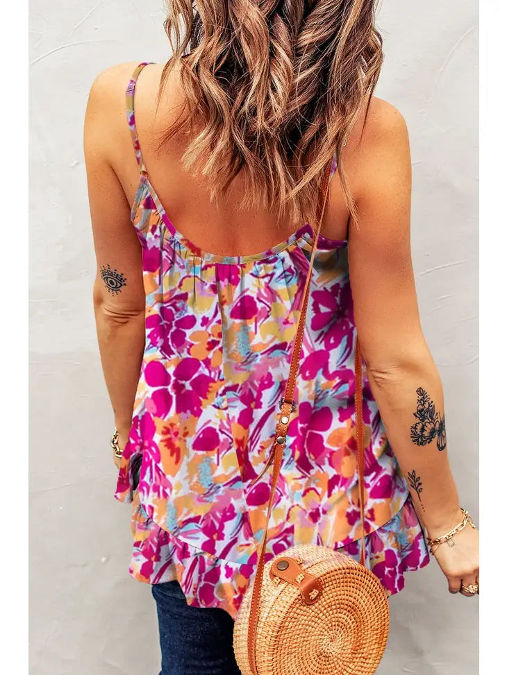 Red Floral Print Loose Fit Spaghetti Strap Tank Top