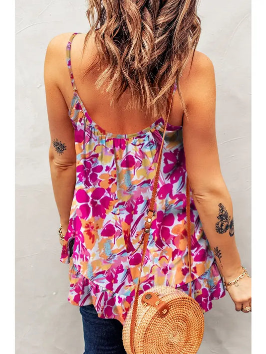 Red Floral Print Loose Fit Spaghetti Strap Tank Top
