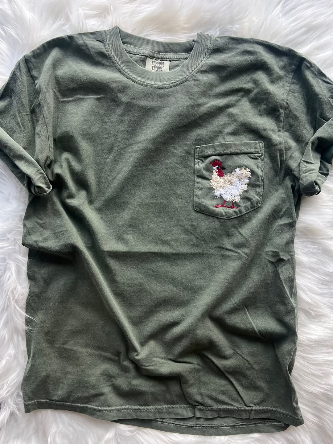 Mother Clucker Embroidered Fuzzy Chicken Pocket Comfort Color Tee